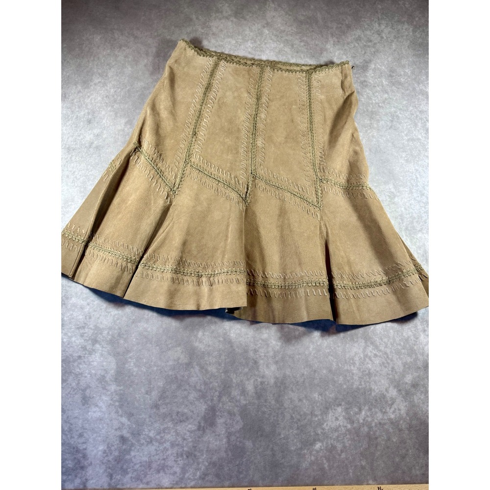 Etcetera Tan Genuine Suede Leather Crochet Trim Whipstitch A-Line Skirt Women 12